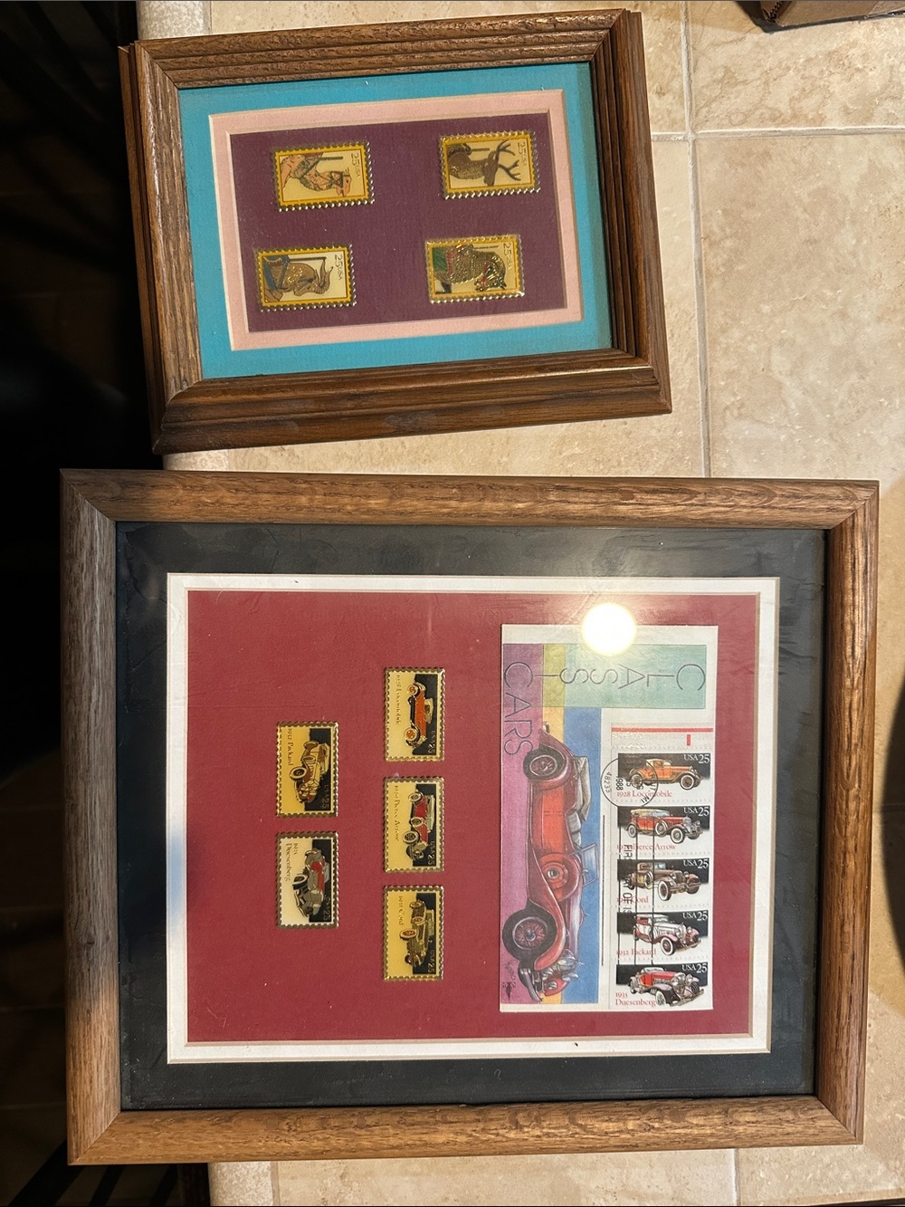 Framed Vintage Stamp Collage Wall Art - Red and Teal Accents